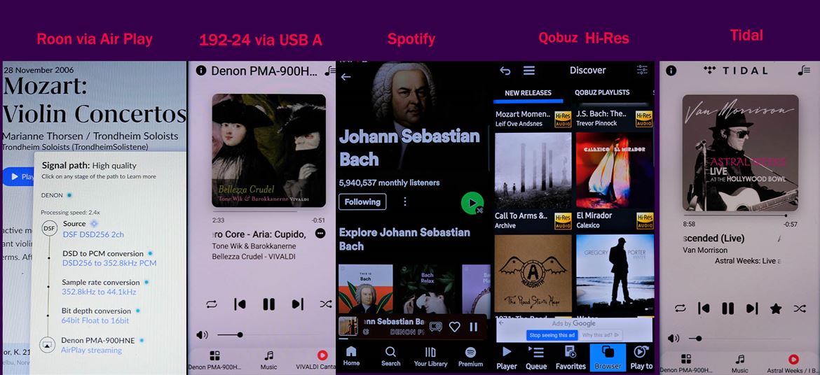 Denon PMA900HNE - (left to right): Roon (DSD c/ downsampling para PCM 44/16 via AirPlay; USB-A, Spotify, Qobuz (mConnect Lite), Tidal.