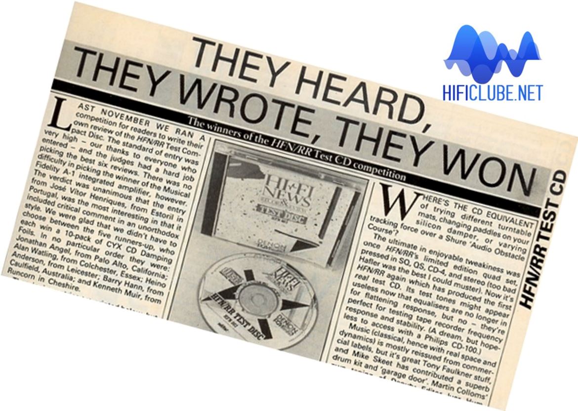 Excerto da página da revista de Março 1986, onde é declarado o vencedor do concurso de escrita sobre o HFN Test Disc 1. Nota: pode ler o pdf da página integral no final do artigo.