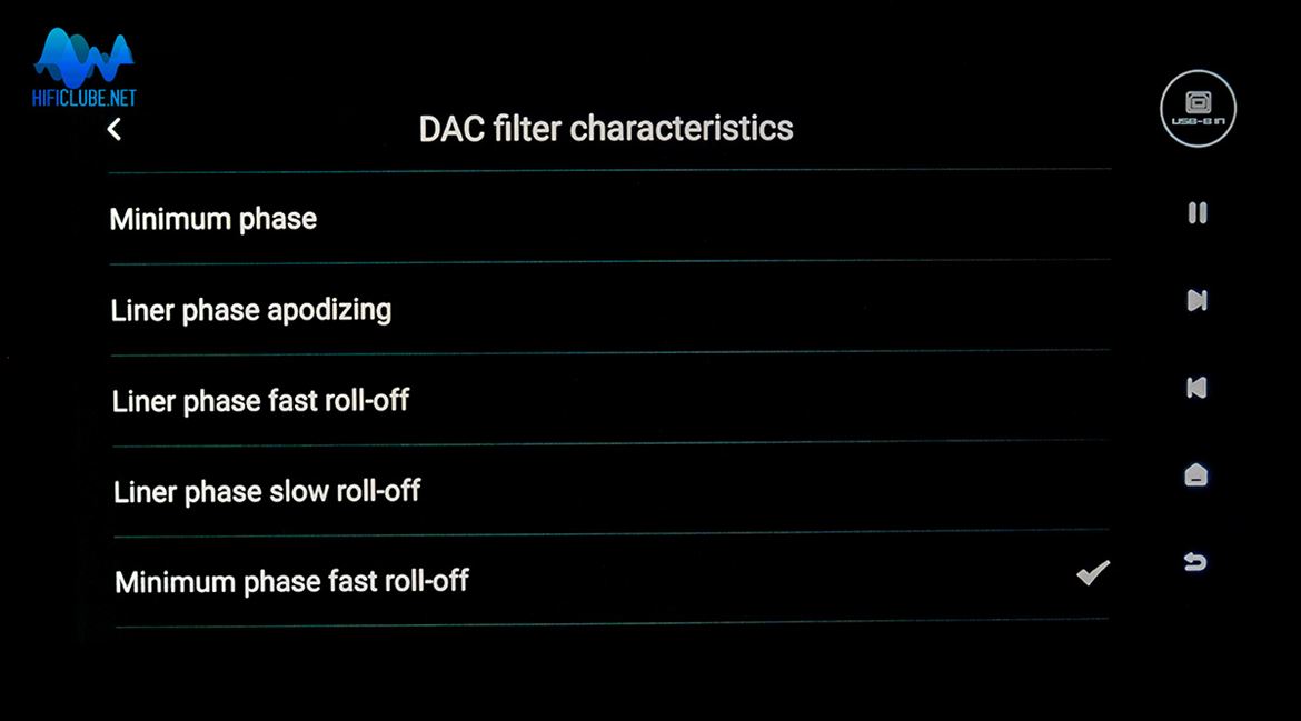 The Eversolo DMP-A10 offers seven digital filters: Minimum phase, Linear phase apodizing, Linear phase fast roll-off, Linear phase slow roll-off, Minimum phase fast roll-off, Minimum phase slow roll-off, Minimum Phase slow roll-off, low dispersion.