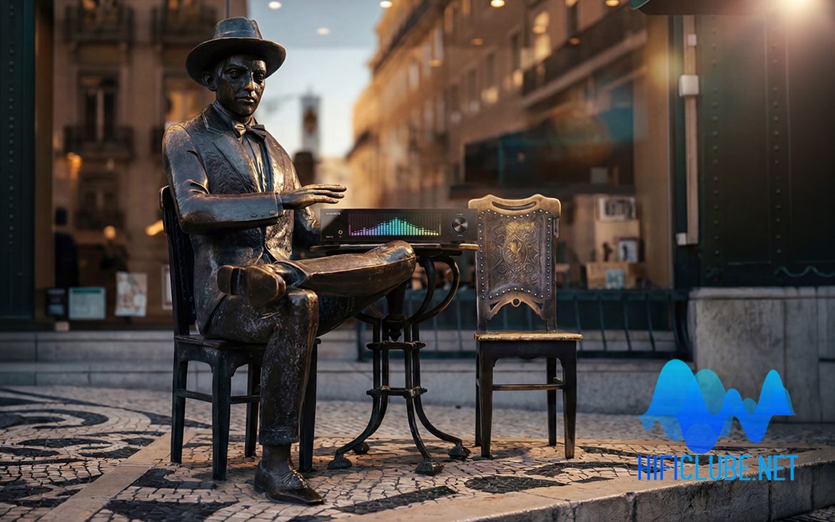 A estátua de bronze de Fernando Pessoa, no Chiado, Lisboa, com o Z-10 em cima da sua mesa do café.