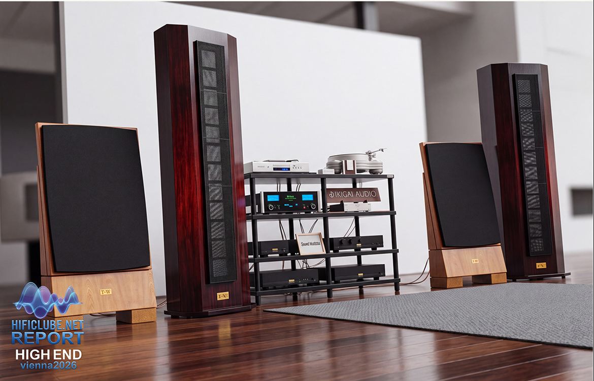 The T&W V12.1, with twelve Orthophase drivers; and the three-driver V3.1. The system used McIntosh electronics and Ikigai Audio cabling.