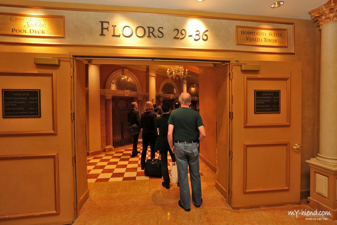 Venice Hotel: the ususal traffic jam at the elevator lobby. Seen that, been there. Suggestion: go up to 28 th and use the stairs...